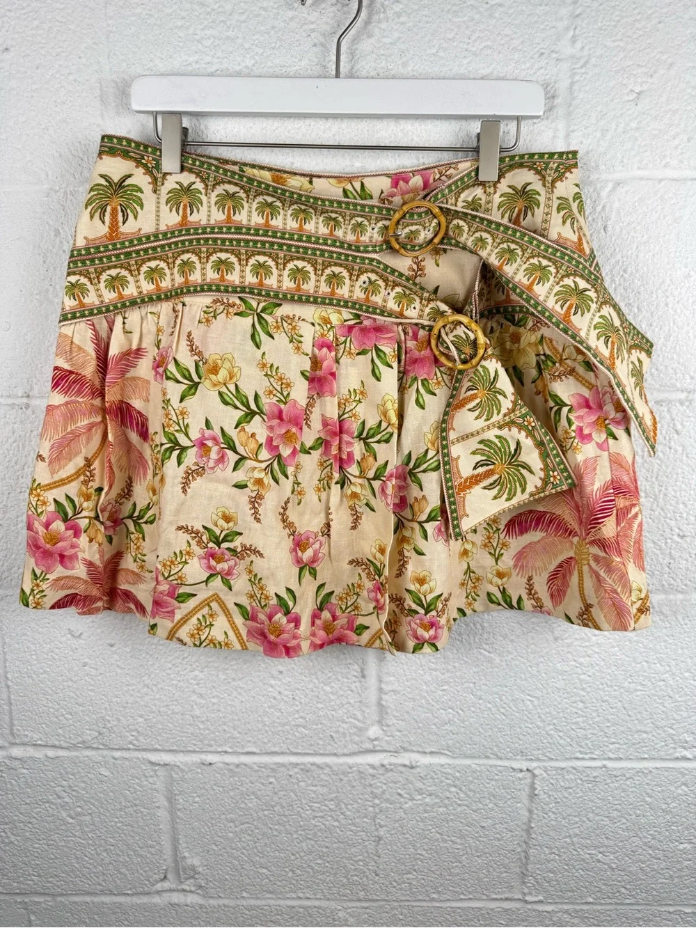 FARM Rio Palm Dream Mini Skirt Large Floral Linen Wrap Bamboo Buckles NWT